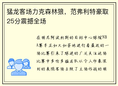 猛龙客场力克森林狼，范弗利特豪取25分震撼全场